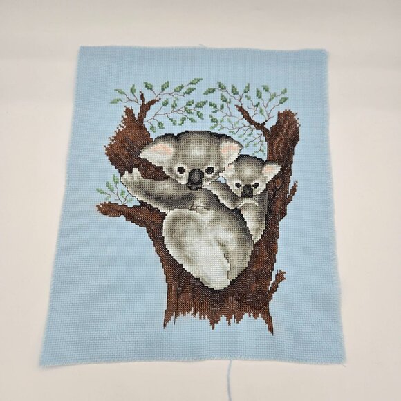 Handmade Koala Cross Stitch Wall Art – Mama and Baby Koala Embroidery on Blue Ai - Picture 3 of 4